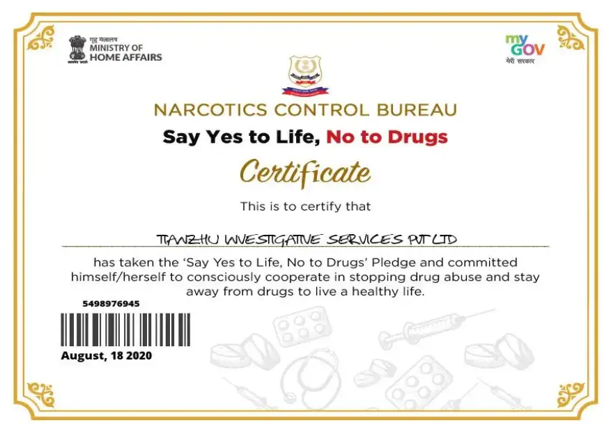 Certificate Narcotics Control Bureau, Say Yes to Life, No to Drugs.