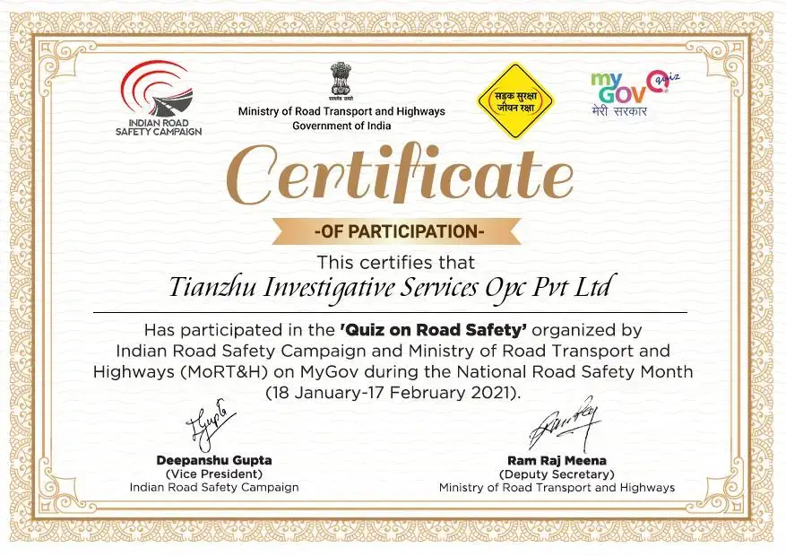 certificate of Participation, Quiz on Road Safety.