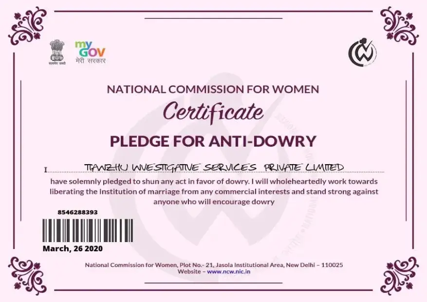 Certificate pledge for Anti-Dowry