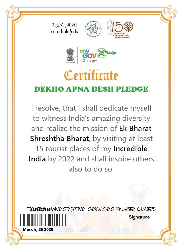 certificate Dekho Apna Desh Pledge